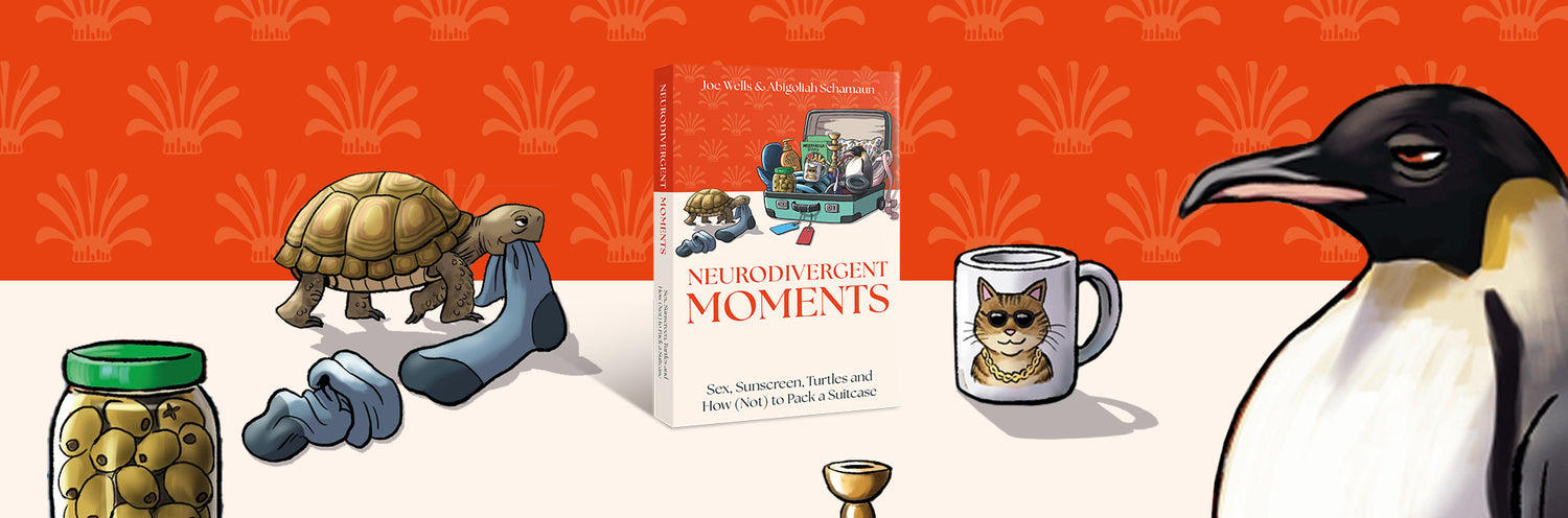 Illustrated scene with a penguin, turtle, coffee mug with cat illustration, and book titled 'Neurodivergent Moments' on an orange background.