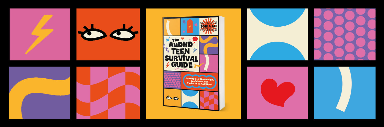 Book titled 'The AuDHD Teen Survival Guide' surrounded by colorful abstract designs.